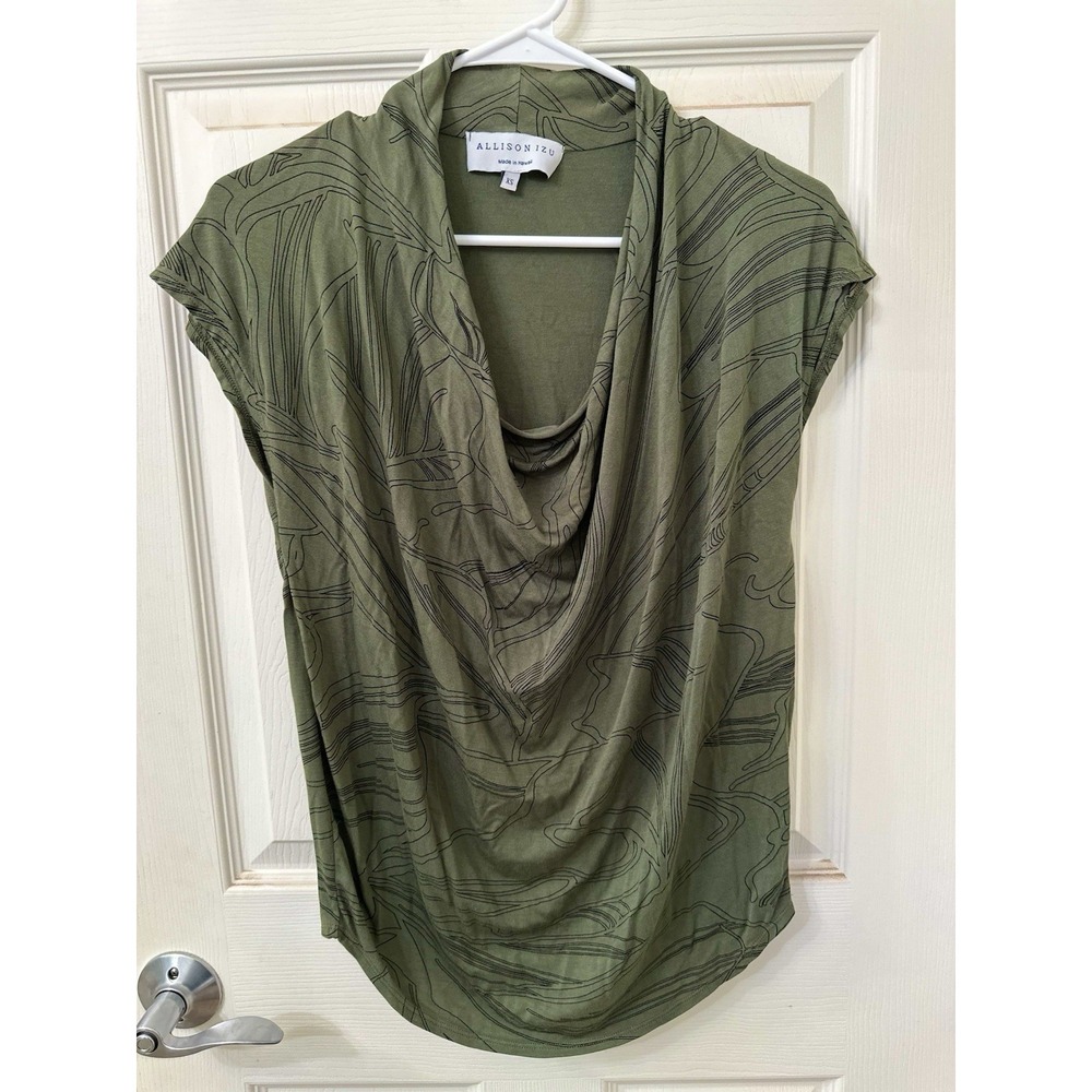 Allison Izu Green Olive Green Abstract Cowl Neck Tunic Blouse Cap Sleeve XS